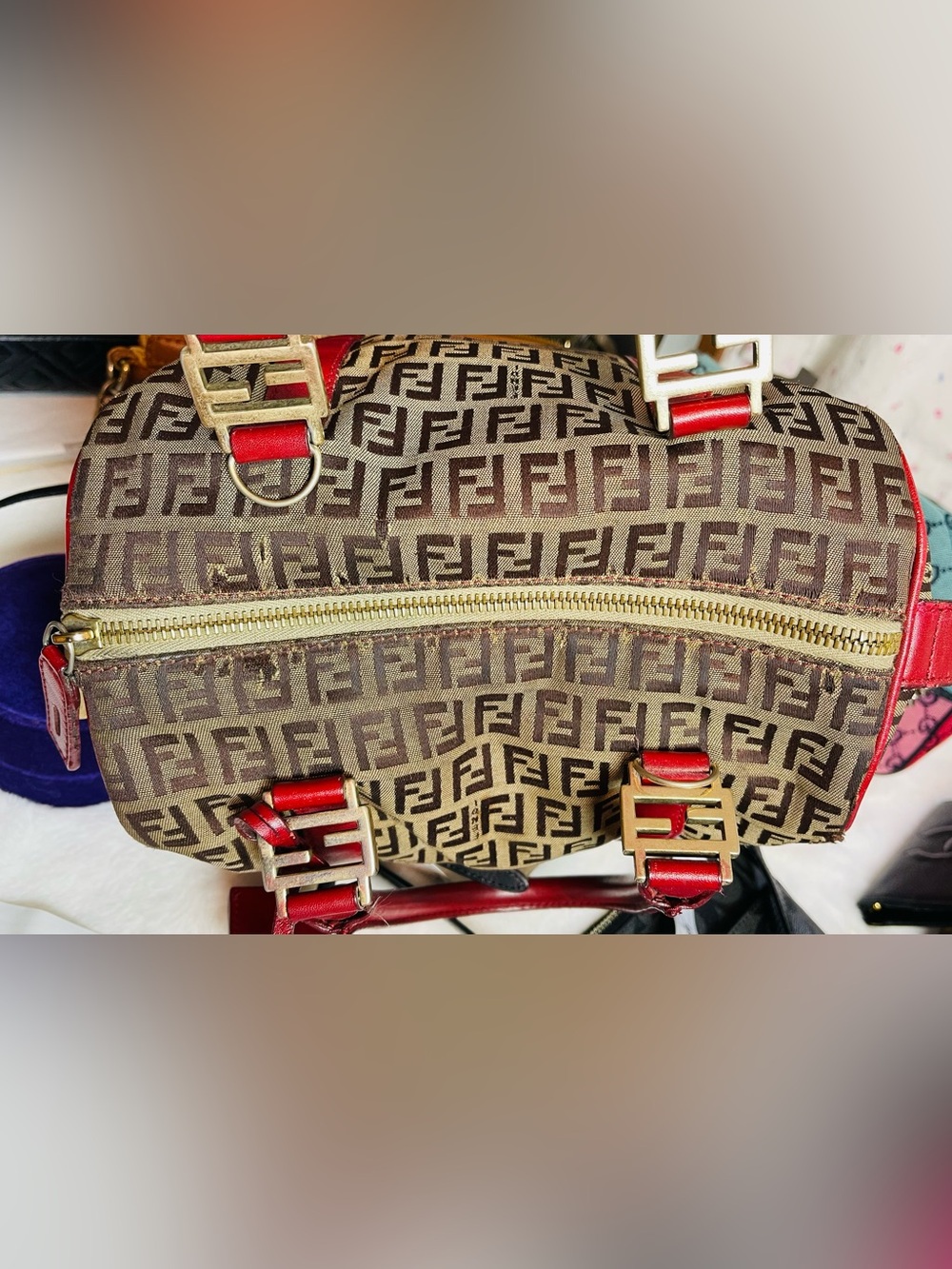 Fendi Authentic Brown Zucca Canvas Satchel with Red Leather Trim - Picture 4 of 15